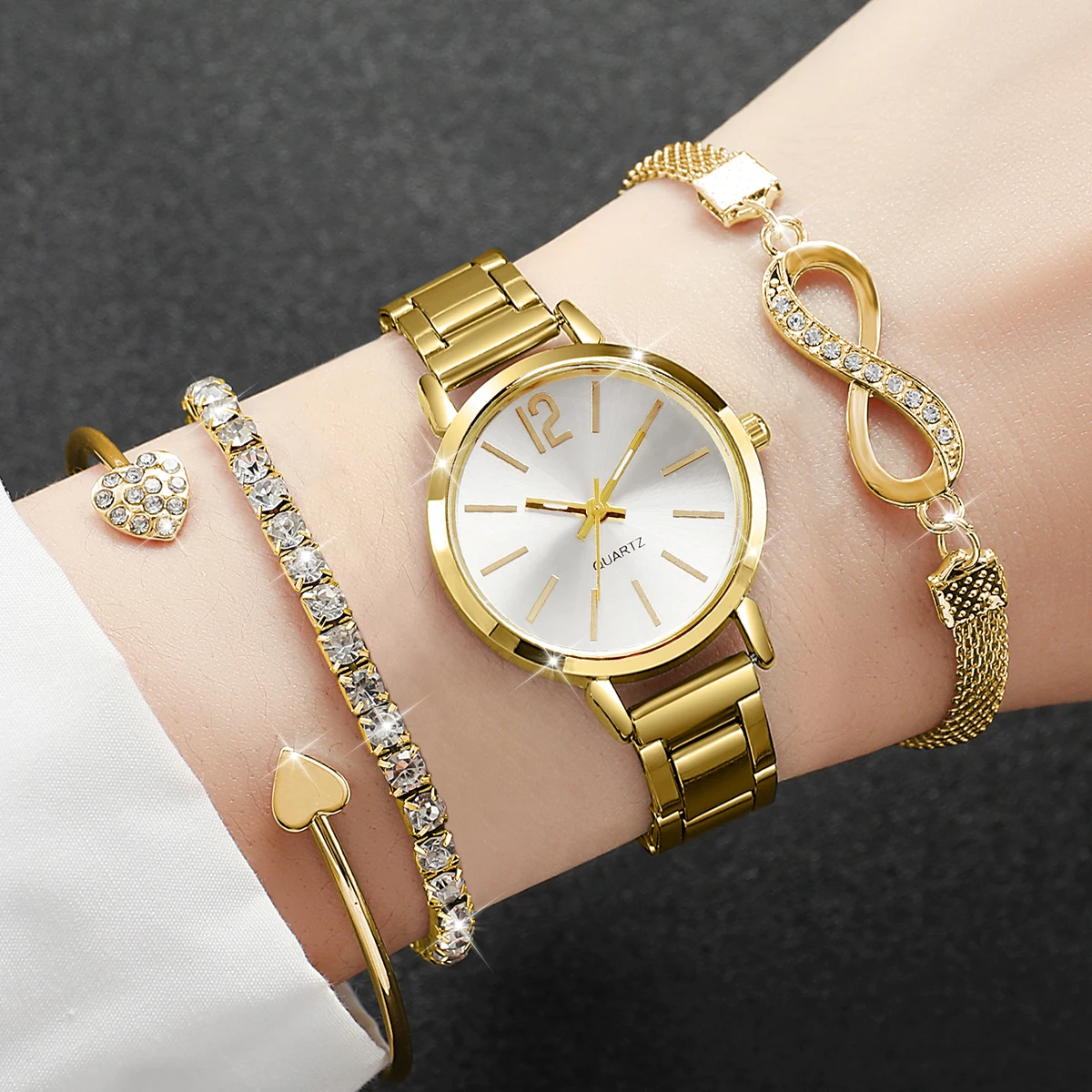 Jewelry Diamond Watches - 4個セット ファッション合金ストラップ レディース腕時計 シンプルクォーツ腕時計 ダイヤモンドブレスレットセット 女性用時計