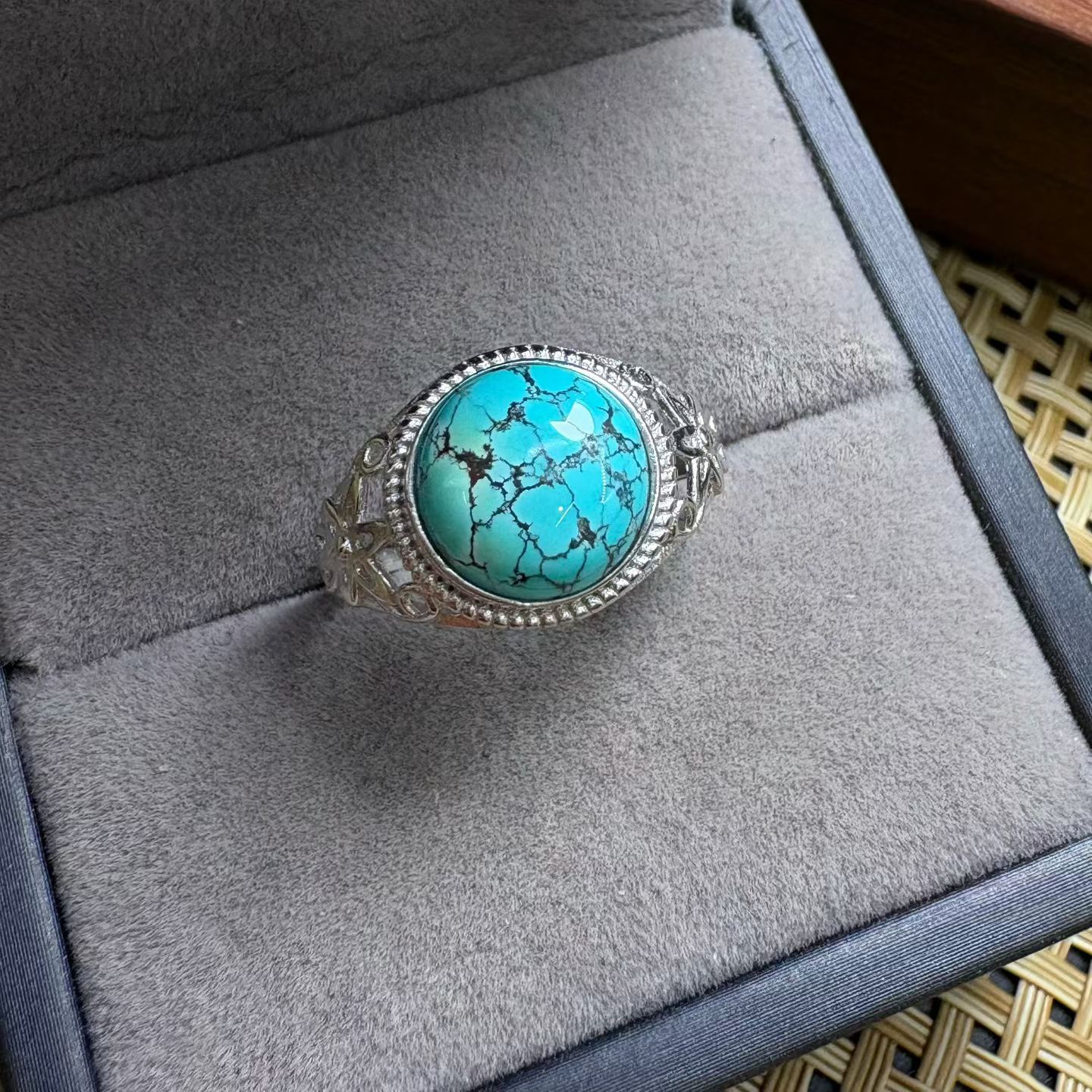 Turquoise Stone Ring - 1 PC Fengbaowu 天然ターコイズリングラウンドオーバルカボションサイズ変更可能な 925 スターリングシルバーレイキヒーリングストーンファッションジュエリーギフト