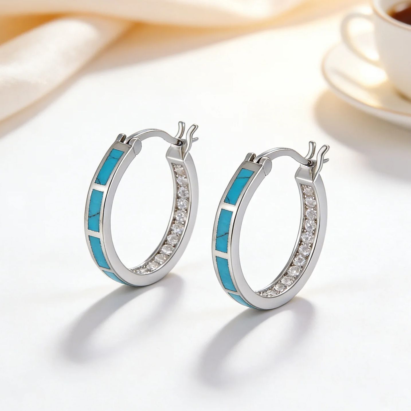 Turquoise Stone Ring - 低刺激性のターコイズとジルコンのフープイヤリング、女性用、ボヘミアンシックな日常用フープ、高級ジュエリー、ガールフレンドへのバレンタインギフト