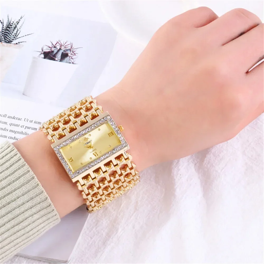 Jewelry Diamond Watches - レディースファッション高級スクエアダイヤモンドクォーツ腕時計（ライト付き）、レディースゴールドステンレススチールブレスレット