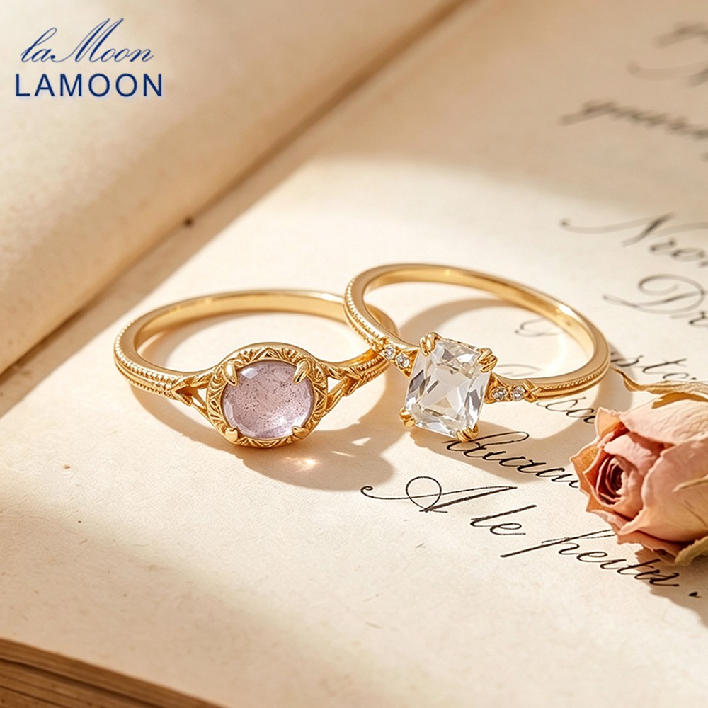 Turquoise Stone Ring - LAMOON 天然宝石ラブラドライトアメジストリング女性用彫刻オーバル 925 スターリングシルバーゴールドメッキファインジュエリーアクセサリー