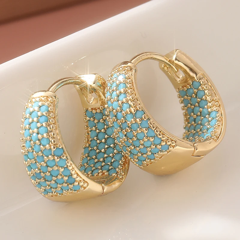 Turquoise Stone Ring - ファッションフルブルーターコイズ舗装高級ゴールドカラーフープイヤリング女性のための記念日パーティー宴会ウェディングジュエリーギフト