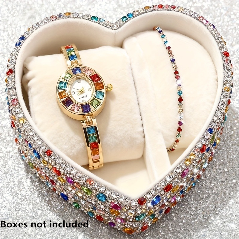 Jewelry Box Organizer Watches - 2 個のエレガントなカラフルなラインストーン女性用クォーツ時計ブレスレットセットファッションオーバルダイヤルクォーツ腕時計ジュエリーギフト（箱なし）