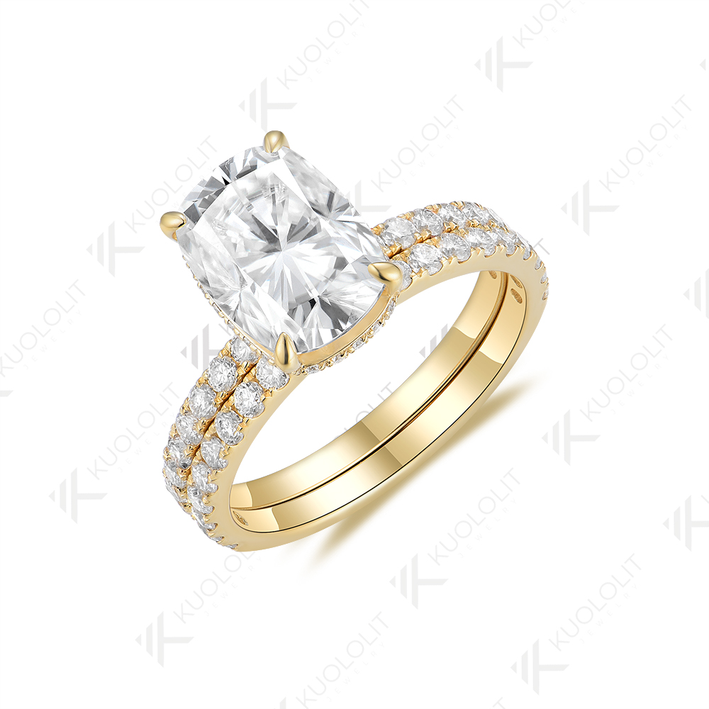 Moissanite Ring - ノーブランドの女性用エロンゲートクッションカットモアサナイトリングセット、ソリッドイエローゴールドバンド、10K、14K(585)、18Kのファインブライダルジュエリー、婚約、結婚式、パーティー、記念日、誕生日プレゼント、花嫁への贈り物。