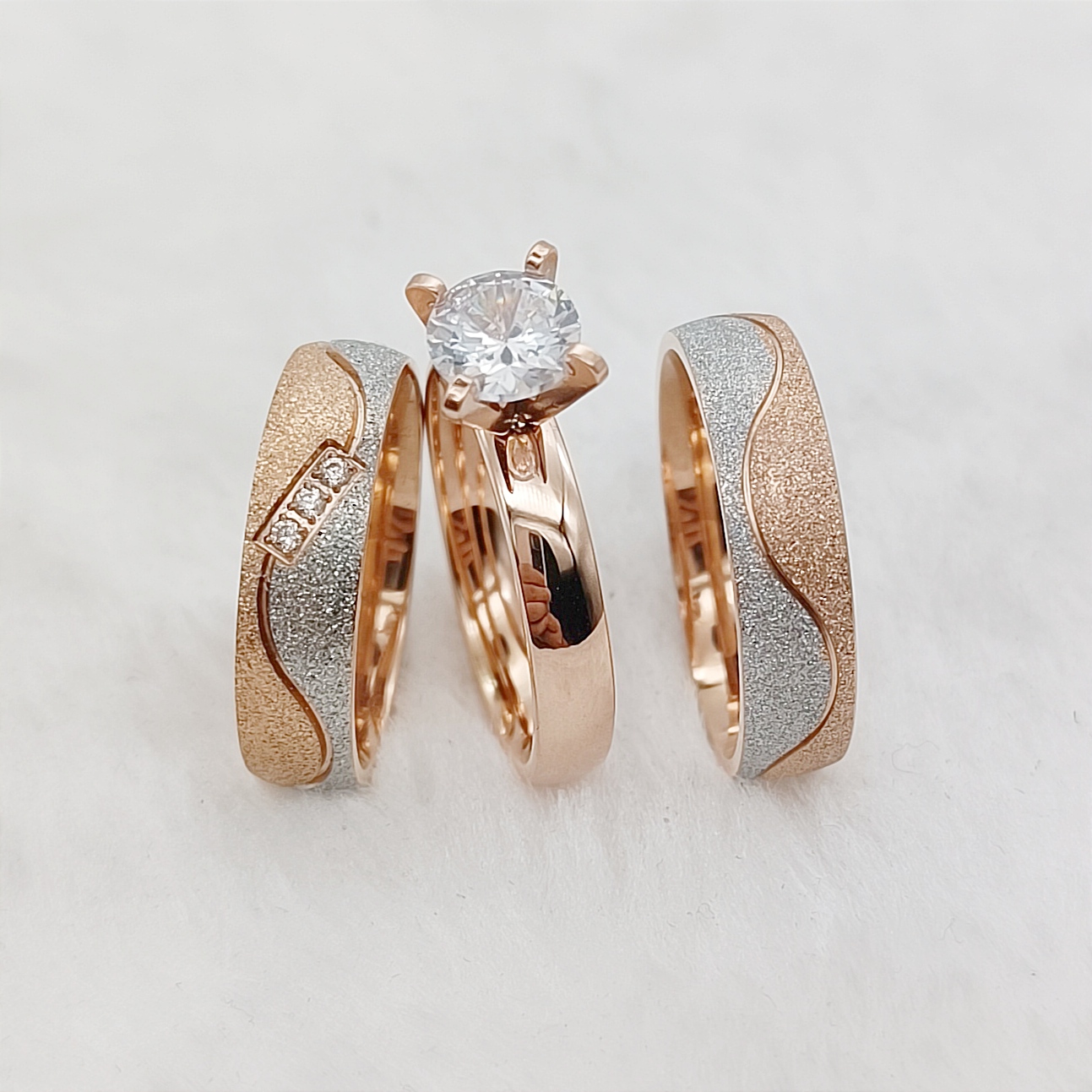 Titanium Steel Ring - プロポーズ 3 個結婚約束結婚式婚約指輪ブライダルセット男性女性カップルアライアンス 18k ローズゴールドメッキジュエリー