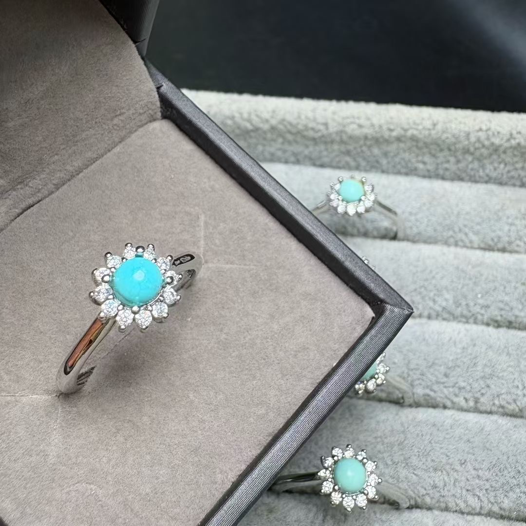 Turquoise Stone Ring - 1Pc Fengbaowu 天然ターコイズリング 4 ミリメートルラウンドカボションレイキヒーリングストーンジュエリーギフト女性のための