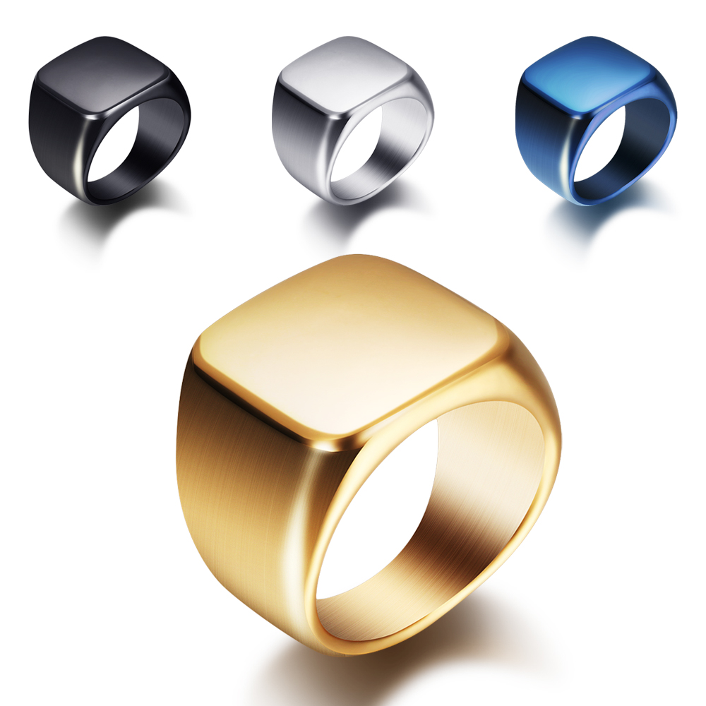 男性用の正方形の大きな幅のサインリング,無料の彫刻,シルバー - Titanium Steel Ring のレビューと価格