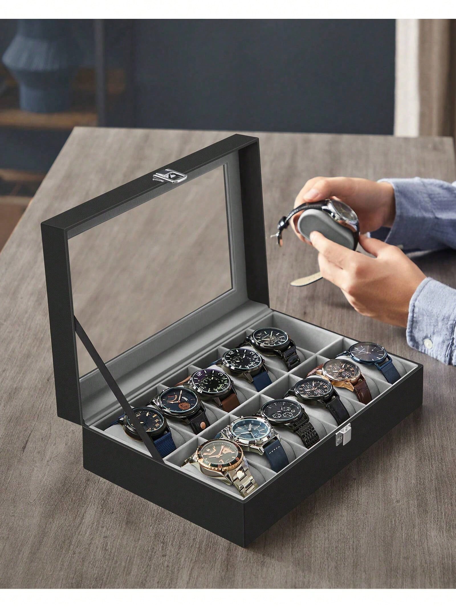 12スロットのロック可能な時計ボックス、ガラス蓋と引き出し付 - Jewelry With Watches のレビューと価格