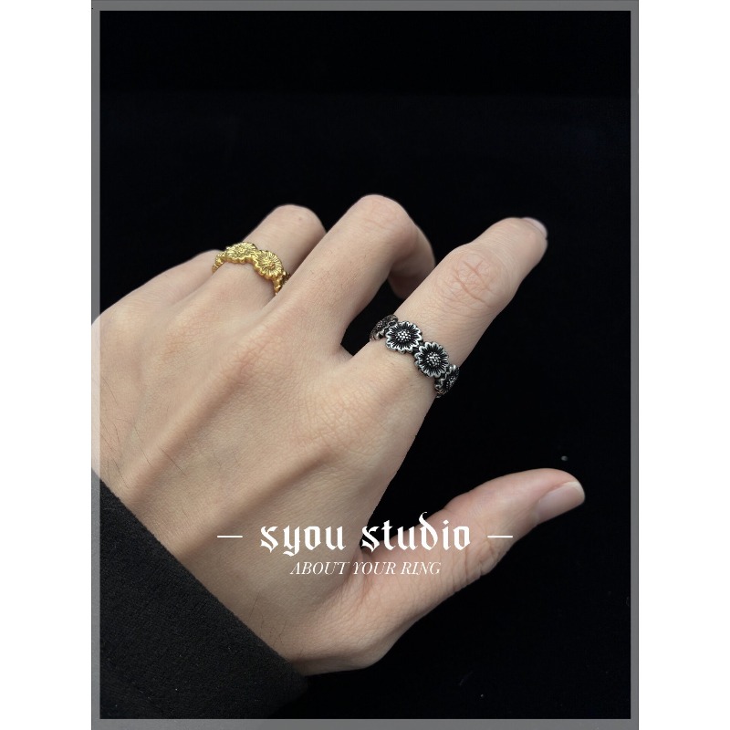 レトロなひまわりカップルリング、パーソナライズリング、ニッチ - Titanium Steel Ring のレビューと価格